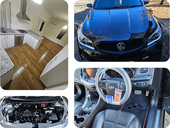 A PrimeCare technician servicing a car alongside a freshly cleaned home interior